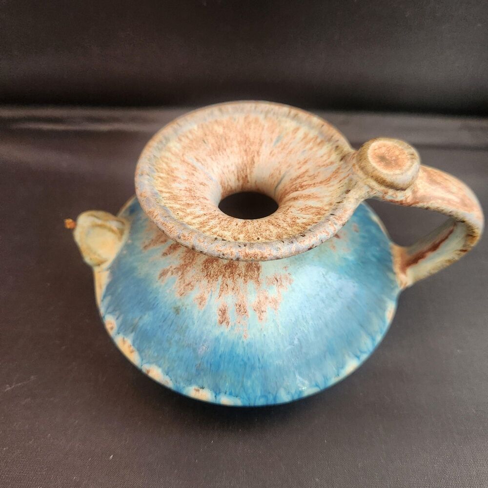 Single Double Wick Studio Pottery Oil Lamp Blue Drip Glaze OOAK Genie Signed VTG